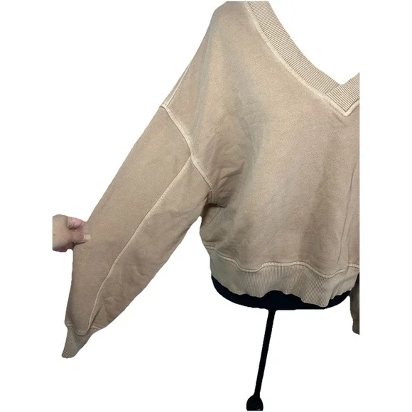 Aerie Women's XS Tan Light Brown Cropped Oversized Double V-Neck Sweatshirt Boxy - Picture 2 of 9